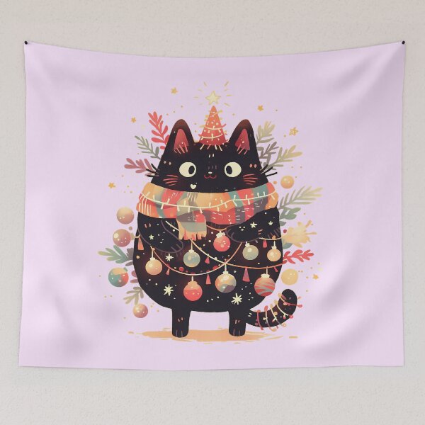 Item preview, Black cat decorating christmas tree designed and sold by WoollenLlama.