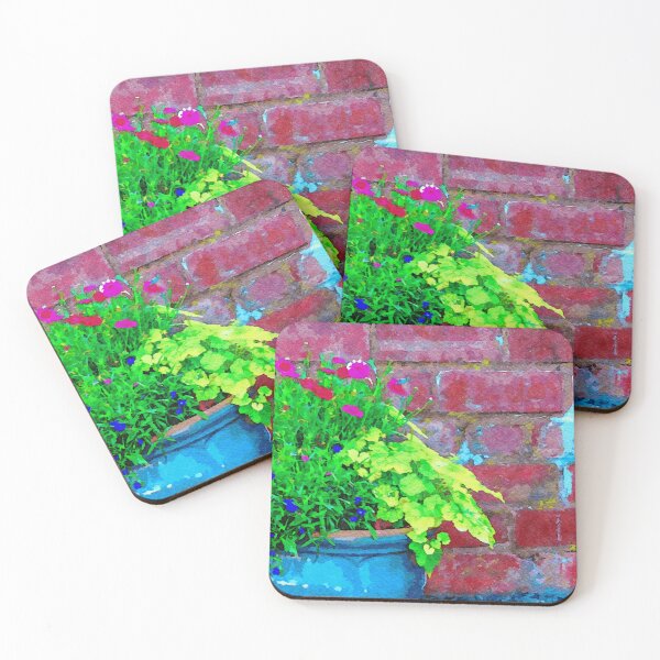 Item preview, Vibrant watercolor painting of flowers against a brick wall designed and sold by GestaltImagery.