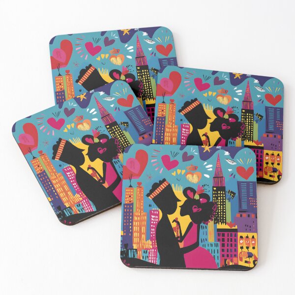 Item preview, Romantic Couple Silhouetted Against a Vibrant New York Skyline Filled with Floating Hearts designed and sold by OlfactoART Studio.