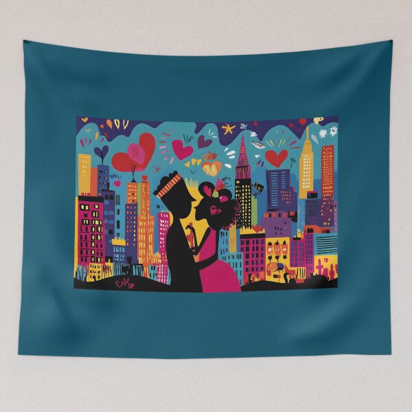 Item preview, Romantic Couple Silhouetted Against a Vibrant New York Skyline Filled with Floating Hearts designed and sold by OlfactoART Studio.