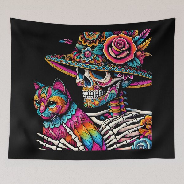 Item preview, Colorful Sugar Skull with Artistic Cat - Day of the Dead Aesthetic Print designed and sold by DrawHandArt.