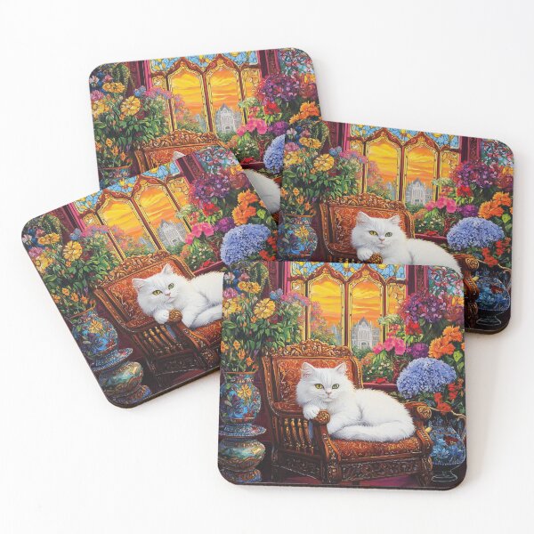 Item preview, Elegant White Cat in Luxurious Floral Setting – Vintage Art designed and sold by KuK Designs.