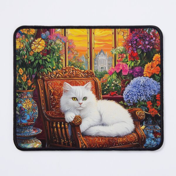 Item preview, Elegant White Cat in Luxurious Floral Setting – Vintage Art designed and sold by KuK Designs.