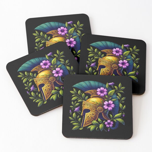 Item preview, Floral Greek Spartan Helmet Art – Ancient Warrior Aesthetic – Gladiator Mythology Design – Gold Helmet with Purple Flowers designed and sold by DrawHandArt.