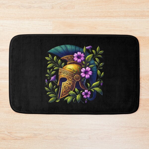 Item preview, Floral Greek Spartan Helmet Art – Ancient Warrior Aesthetic – Gladiator Mythology Design – Gold Helmet with Purple Flowers designed and sold by DrawHandArt.
