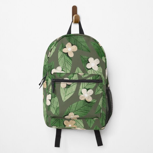 Item preview, Cute pale beige flowers and bold green bay leaves on dark green background. Botanical illustration. designed and sold by helga-wigandt.