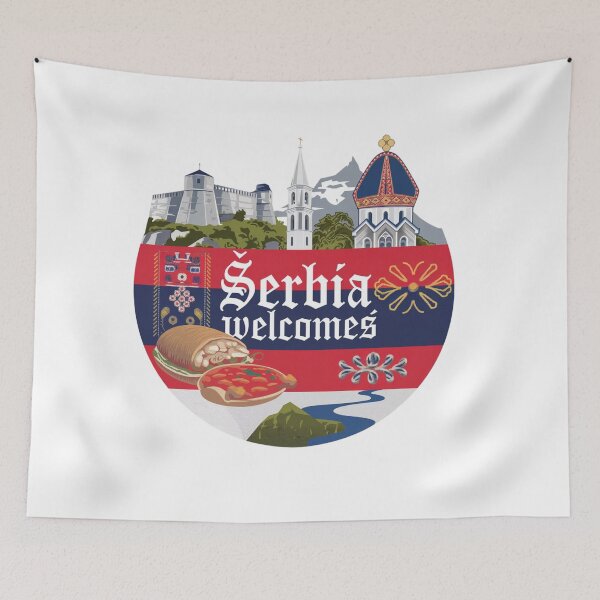 Item preview, Serbia Welcomes Flag Map Belgrade, Danube River, Sava River designed and sold by AnimalsDH305.