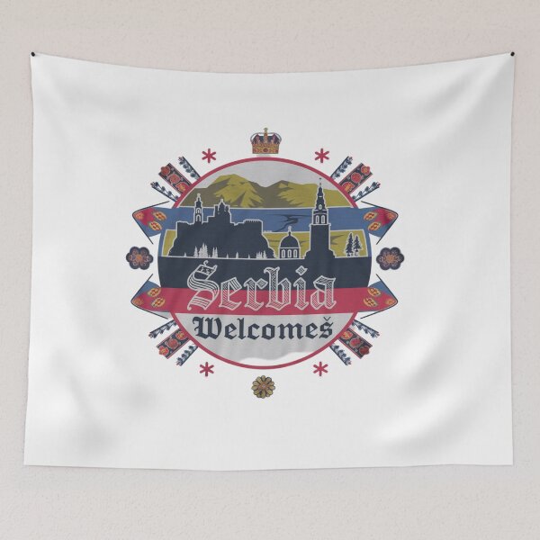 Item preview, Serbia Welcomes Flag Map Belgrade, Danube River, Sava River designed and sold by AnimalsDH305.