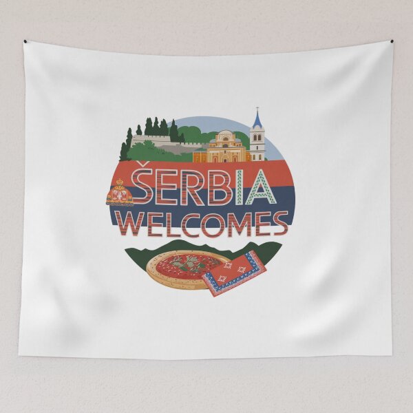 Item preview, Serbia Welcomes Flag Map Belgrade, Danube River, Sava River designed and sold by AnimalsDH305.