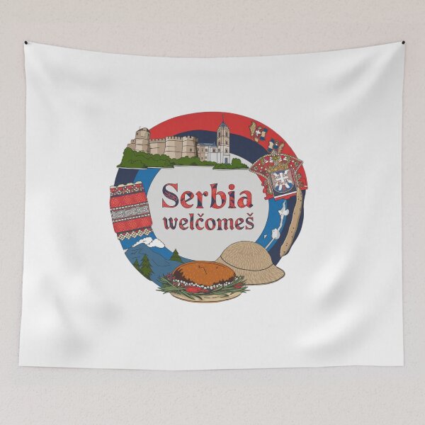 Item preview, Serbia Welcomes Flag Map Belgrade, Danube River, Sava River designed and sold by AnimalsDH305.