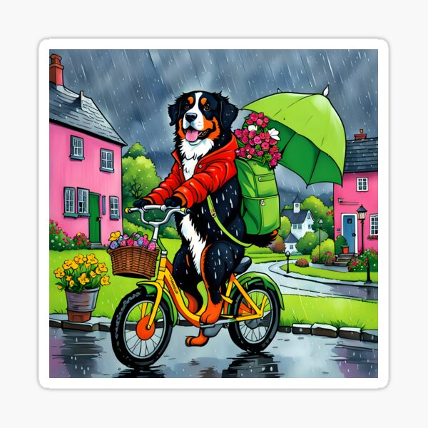 Vista previa del artículo con la obra «Perro de montaña bernés en bicicleta en un día lluvioso», diseñado y vendido por Angelandspot.