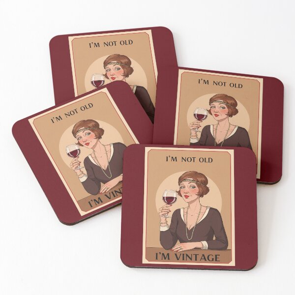 Item preview, I'm not old - I'm vintage! Woman with glass of wine in vintage, retro style 1920's art nouveau designed and sold by Dollycat Industries.