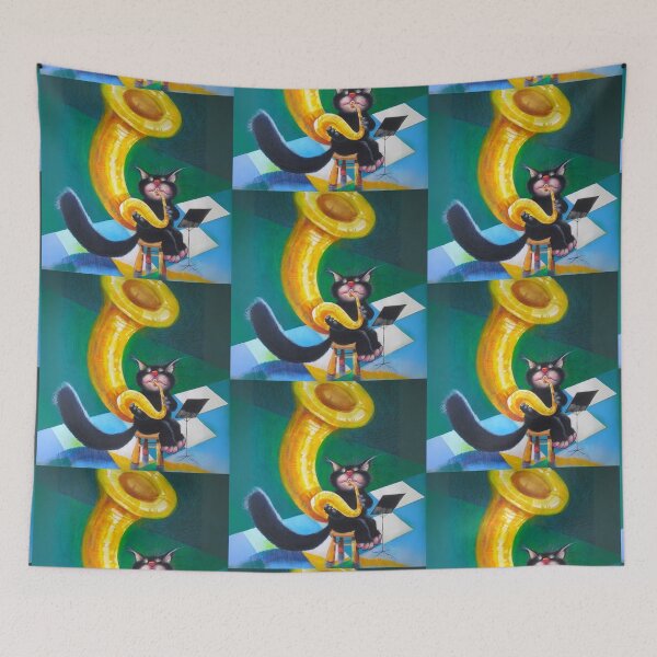 Item preview, Black Cat Playing Tuba - Colorful and Playful Art Print designed and sold by Psycho-Crazy.