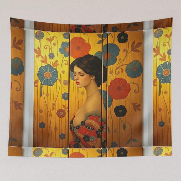 Item preview, Beautiful brown haired lady with golden background illustration inspired by Gustav Klimt designed and sold by Vintage Designs +.