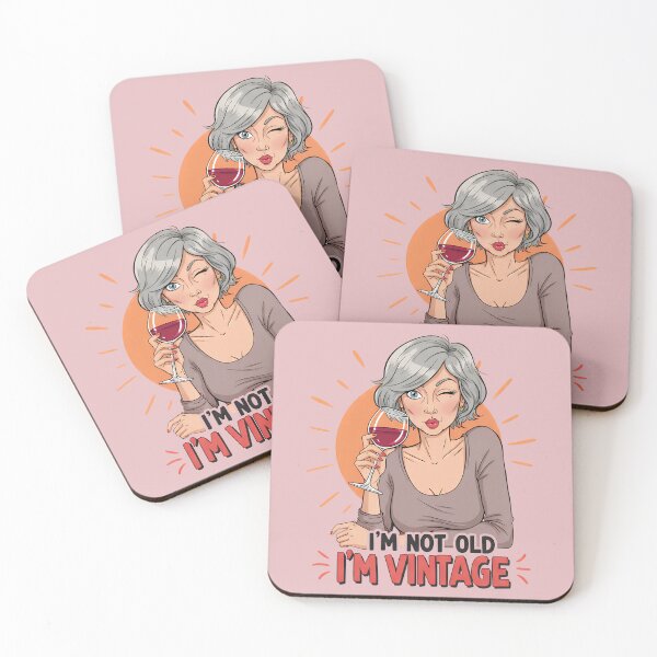 Item preview, I'm not old - I'm vintage! Woman with glass of wine and a cheeky wink designed and sold by Dollycat Industries.