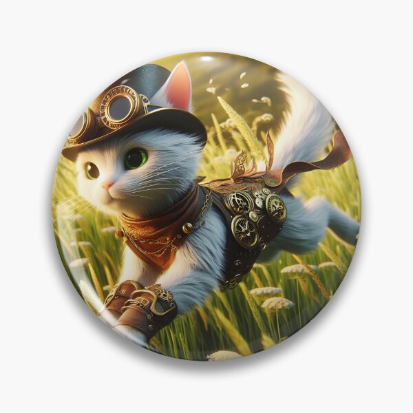 Item preview, Steampunk white kitty running over a green graassy field summer sunshine digitalart designed and sold by EmeraldeaArt.