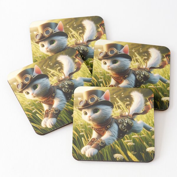 Item preview, Steampunk white kitty running over a green graassy field summer sunshine digitalart designed and sold by EmeraldeaArt.