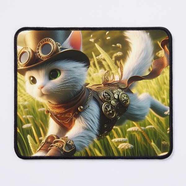 Item preview, Steampunk white kitty running over a green graassy field summer sunshine digitalart designed and sold by EmeraldeaArt.