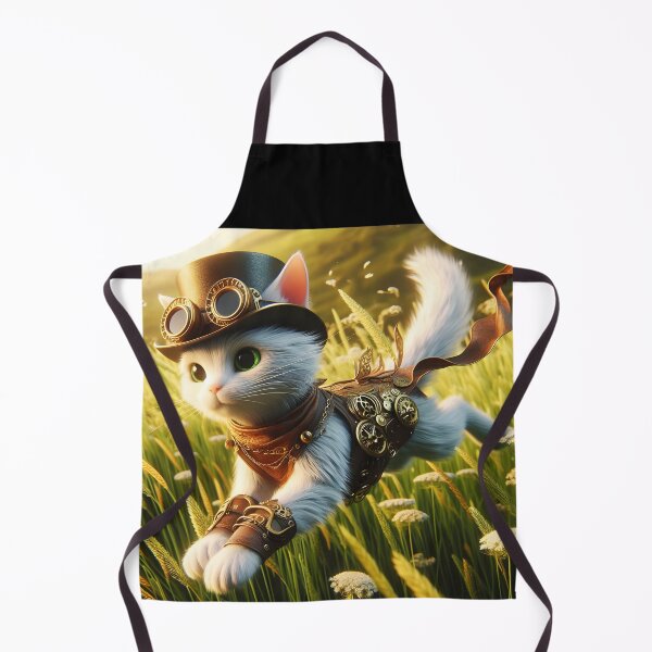 Item preview, Steampunk white kitty running over a green graassy field summer sunshine digitalart designed and sold by EmeraldeaArt.