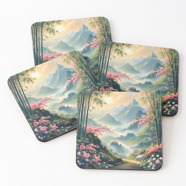 Item preview, Beautiful Asian spring landscape, mountains, sakura, fog designed and sold by Coolparrotgirl.
