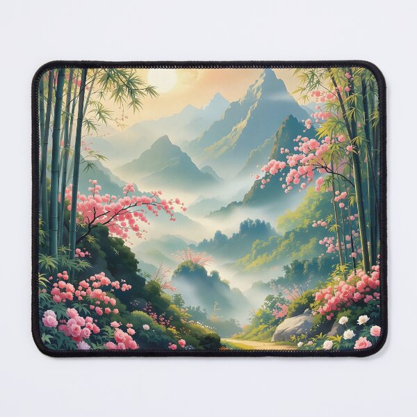 Item preview, Beautiful Asian spring landscape, mountains, sakura, fog designed and sold by Coolparrotgirl.