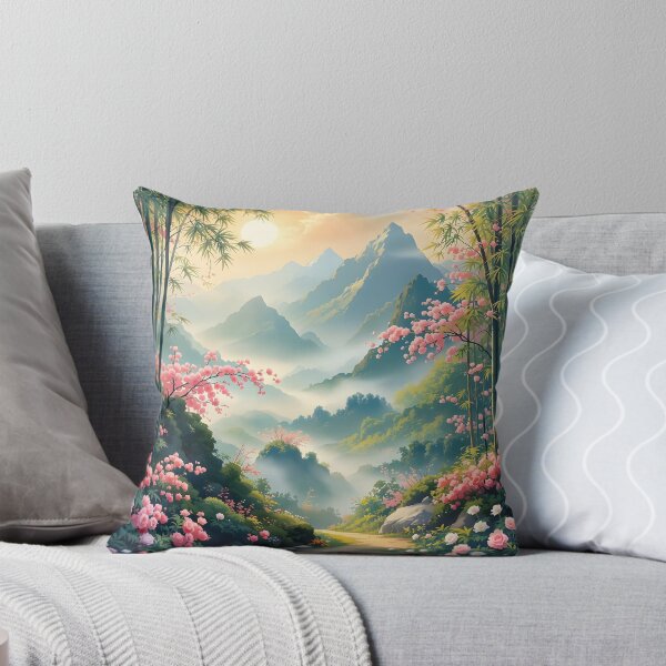 Item preview, Beautiful Asian spring landscape, mountains, sakura, fog designed and sold by Coolparrotgirl.