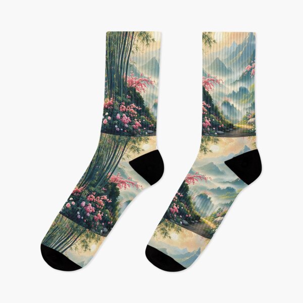 Item preview, Beautiful Asian spring landscape, mountains, sakura, fog designed and sold by Coolparrotgirl.