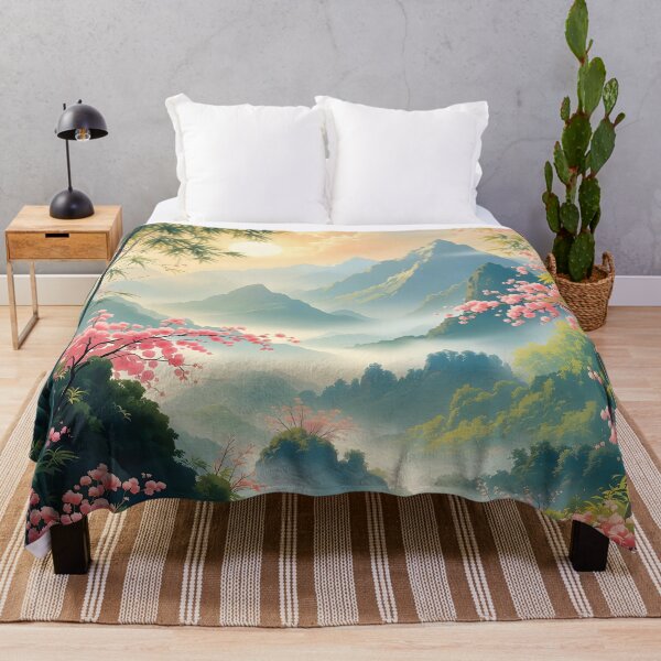 Item preview, Beautiful Asian spring landscape, mountains, sakura, fog designed and sold by Coolparrotgirl.