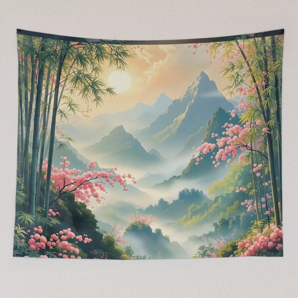 Item preview, Beautiful Asian spring landscape, mountains, sakura, fog designed and sold by Coolparrotgirl.