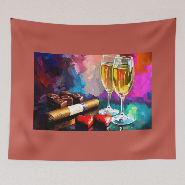 Item preview, Valentine's Day Romantic Indulgence - Prosecco, Chocolates, Cigar, and Heart Tokens AI Generated Abstract Digital Art designed and sold by OlfactoART Studio.