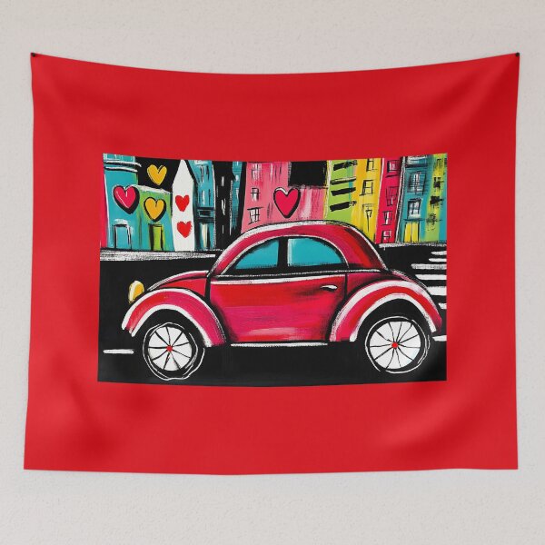 Item preview, Paris Valentine Romance - Vibrant Red Car and a Colorful Cityscape Filled with Floating Hearts designed and sold by OlfactoART Studio.