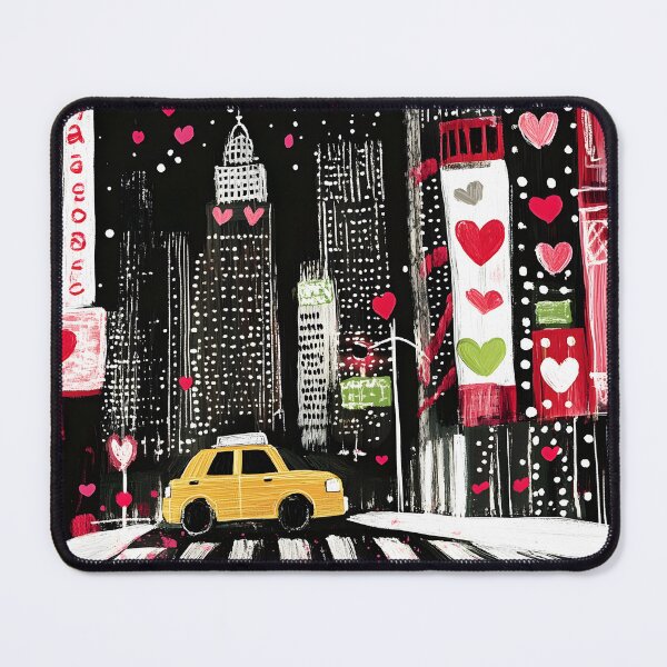 Item preview, New York Yellow Cab in a Vibrant Love- Themed Whimsical Valentine's Day Cityscape, Skyscrapers and Floating Hearts AI Generated Art designed and sold by OlfactoART Studio.