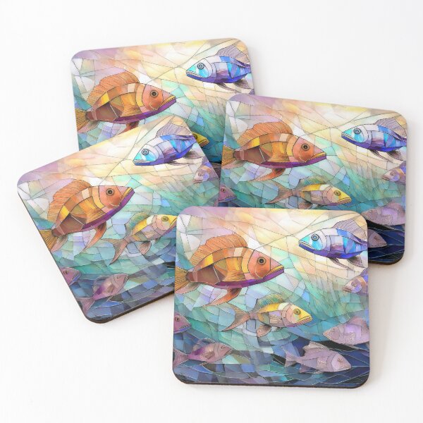 Item preview, School of fish in stained glass effect, muted Pastel painting, watercolor underwater fish, under the sea, ocean, fish designed and sold by navitalidesign.
