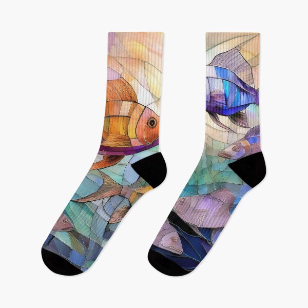 Item preview, School of fish in stained glass effect, muted Pastel painting, watercolor underwater fish, under the sea, ocean, fish designed and sold by navitalidesign.