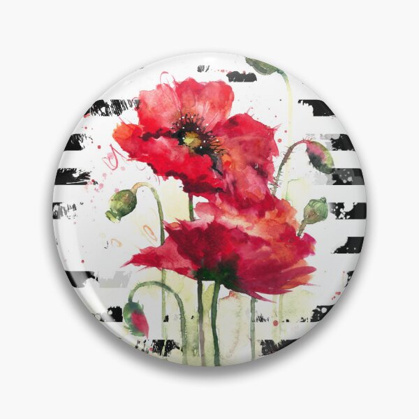 Item preview, Red poppyes in white and black stripy background (watercolor) designed and sold by fuzzyfox.