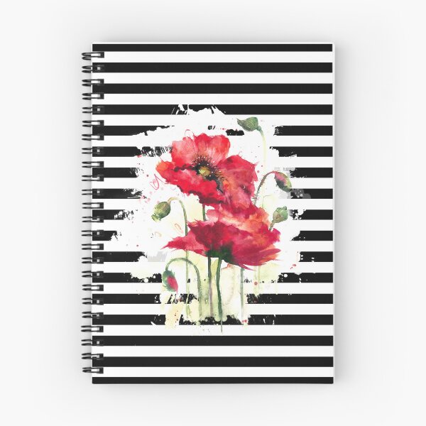 Item preview, Red poppyes in white and black stripy background (watercolor) designed and sold by fuzzyfox.