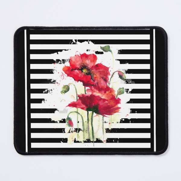 Item preview, Red poppyes in white and black stripy background (watercolor) designed and sold by fuzzyfox.