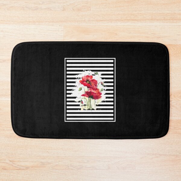 Item preview, Red poppyes in white and black stripy background (watercolor) designed and sold by fuzzyfox.
