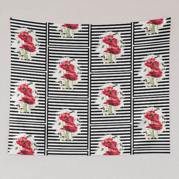 Item preview, Red poppyes in white and black stripy background (watercolor) designed and sold by fuzzyfox.