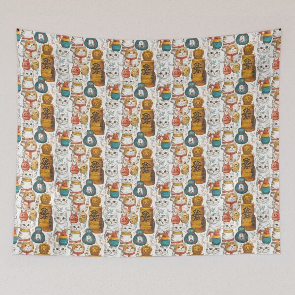 Item preview, Lucky Thai Bobtail Cats & Daruma Dolls Ukiyo-e designed and sold by IssaraStudio.