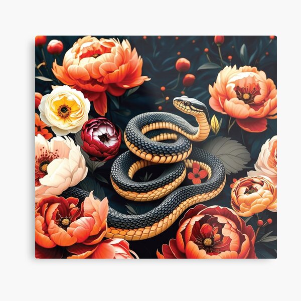 Item preview, Black Snake with Bright Orange flower l Serpent in Bloom designed and sold by TheBotanicHues.