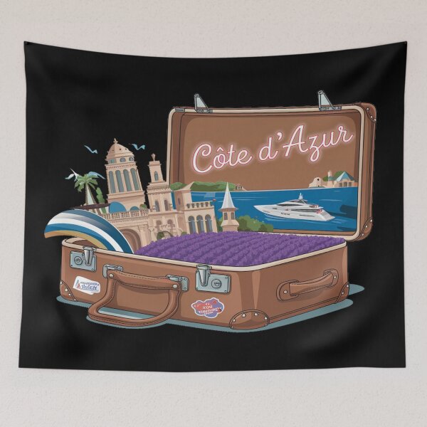 Item preview, France Europe Cote d Azur -"French Riveira Adventure Suitcase – Retro Cartoon Travel Art" designed and sold by stickercuffs.