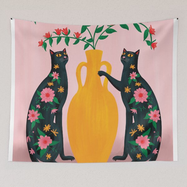 Item preview, Boho Pink Floral Cat –black cats Feline Art designed and sold by Arctic frame studio.