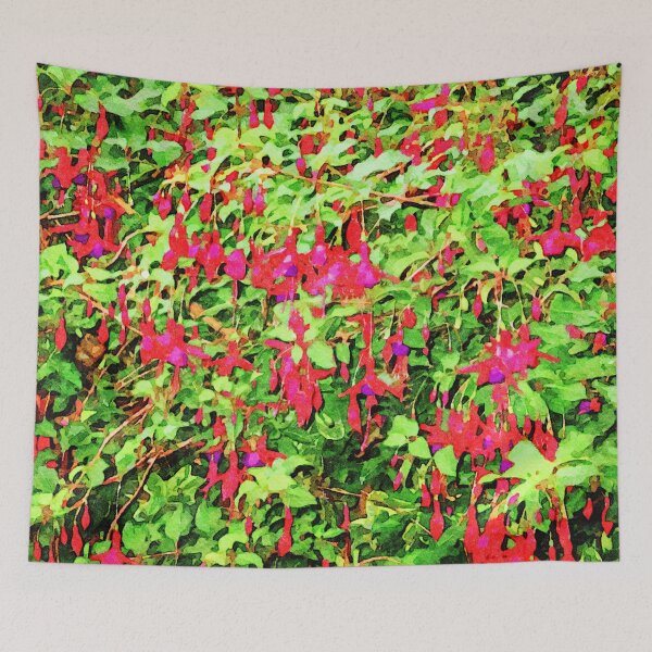 Item preview, Vibrant watercolor fuchsia flowers in lush green garden designed and sold by GestaltImagery.