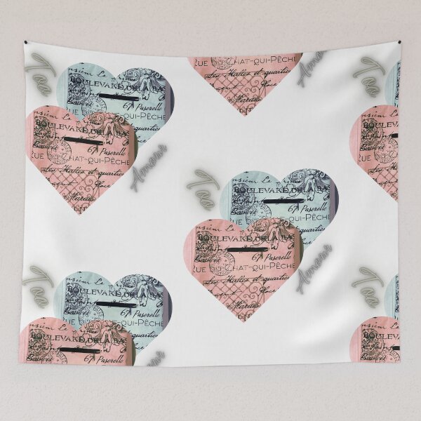 Item preview, It's Retro! French Language Words in Two Heart Shapes Design Contrast Colors Too Amour Hearts Beat as One Together Forever Unity designed and sold by NadeenInspires.