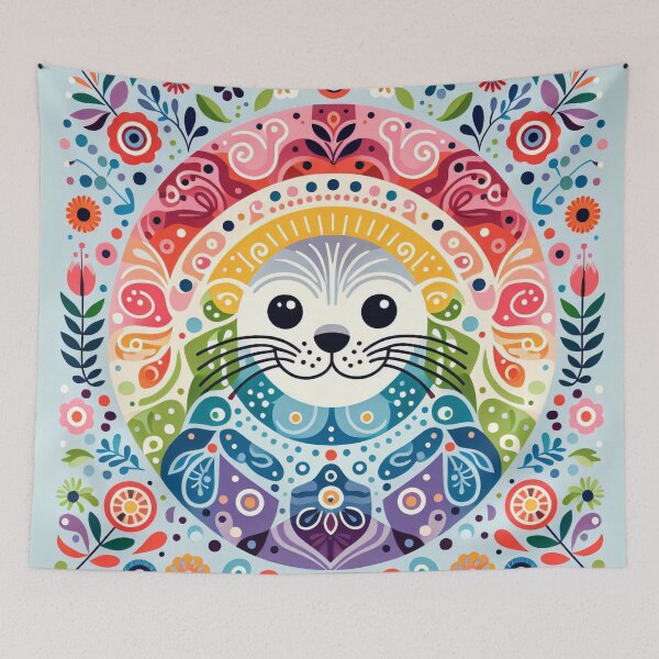 Item preview, Scandinavian Folk Art Rainbow Animals - Happy Sealion by heidiannemorris designed and sold by FOLK ART FUSION by heidiannemorris.