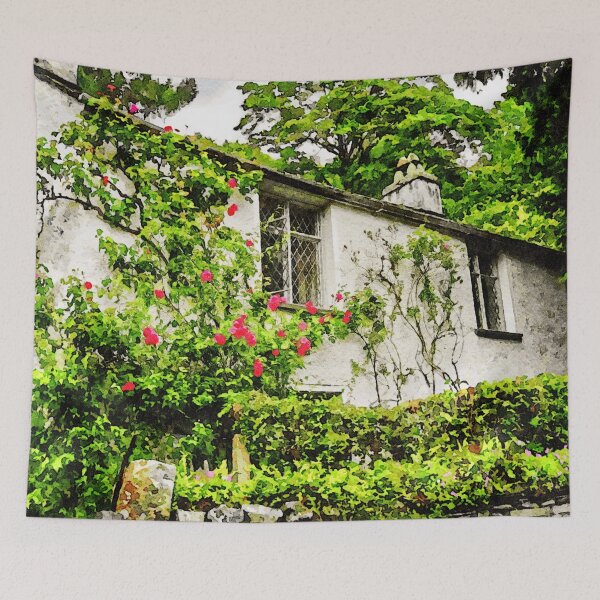 Item preview, Charming countryside cottage with lush garden in watercolor style painting designed and sold by GestaltImagery.