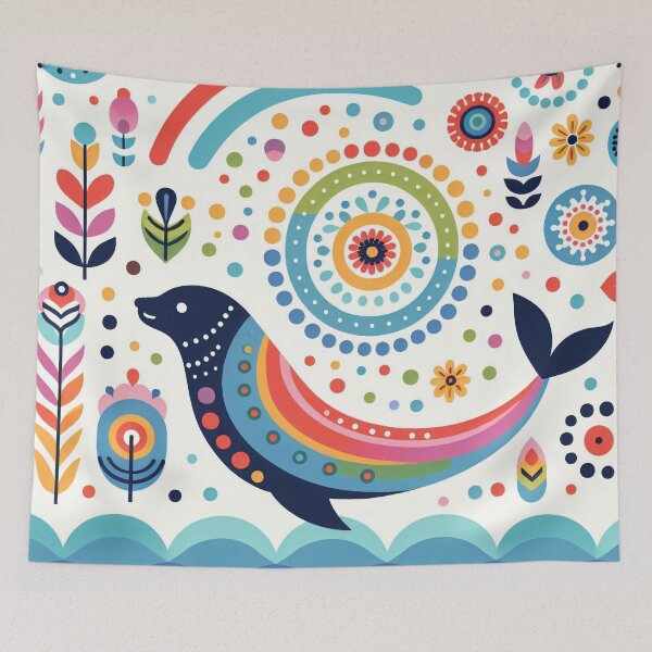 Item preview, Scandinavian Folk Art Rainbow Animals - Swimming Sealion by heidiannemorris designed and sold by FOLK ART FUSION by heidiannemorris.