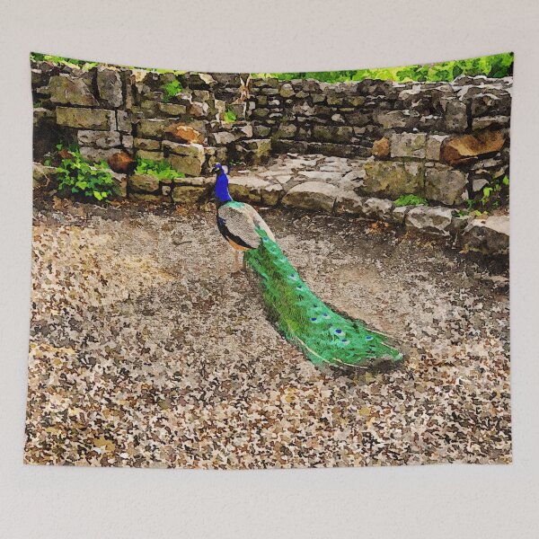 Item preview, Beautiful peacock in a rustic stone courtyard setting designed and sold by GestaltImagery.