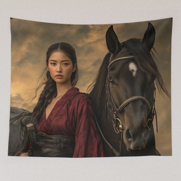 Item preview, Fierce Samurai Warrior and Majestic Warhorse at Dusk designed and sold by ArtVibeCo.